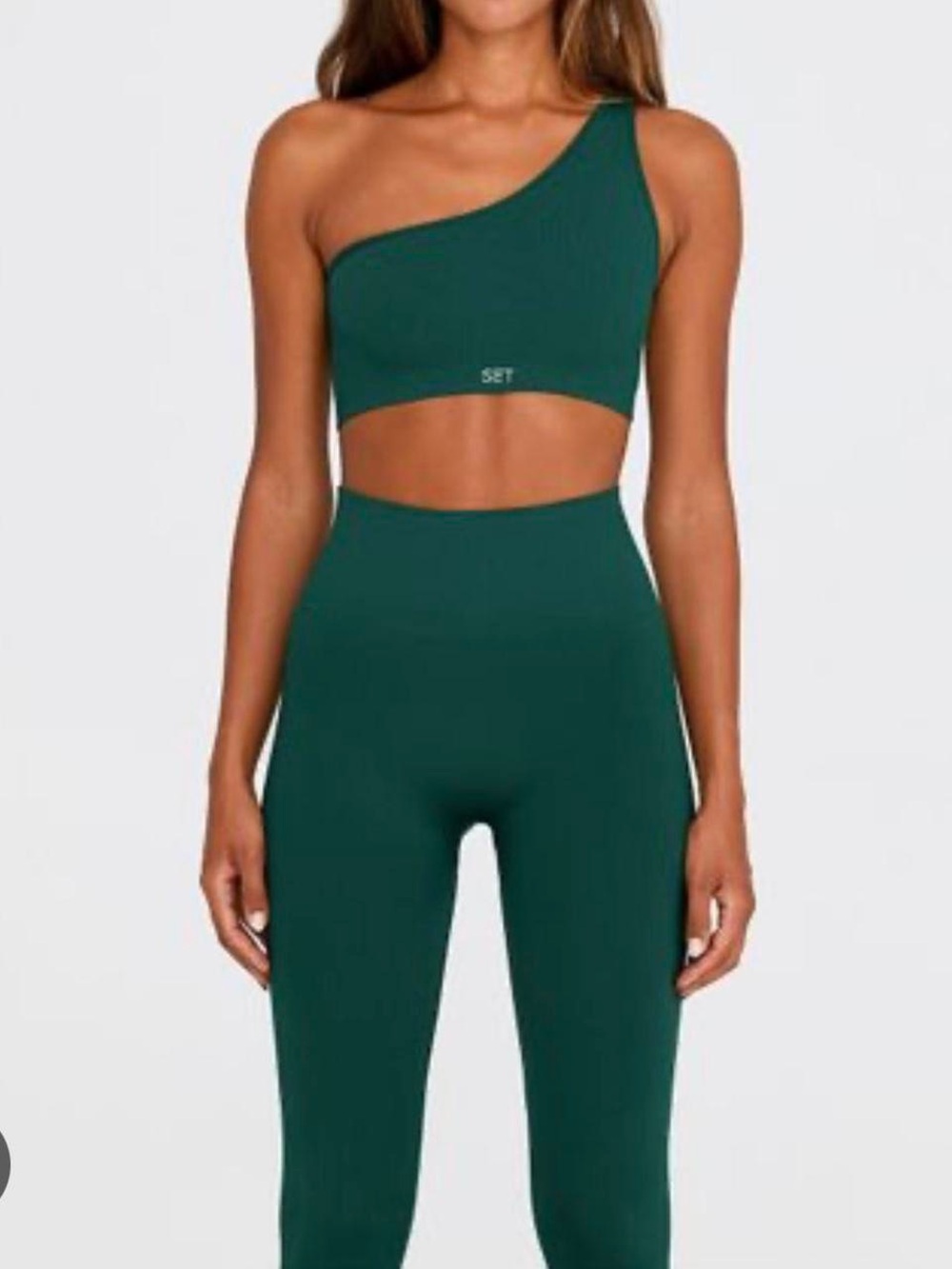 SET Active Sculptflex One Shoulder Bra & Leggings Set Green Sz M/L